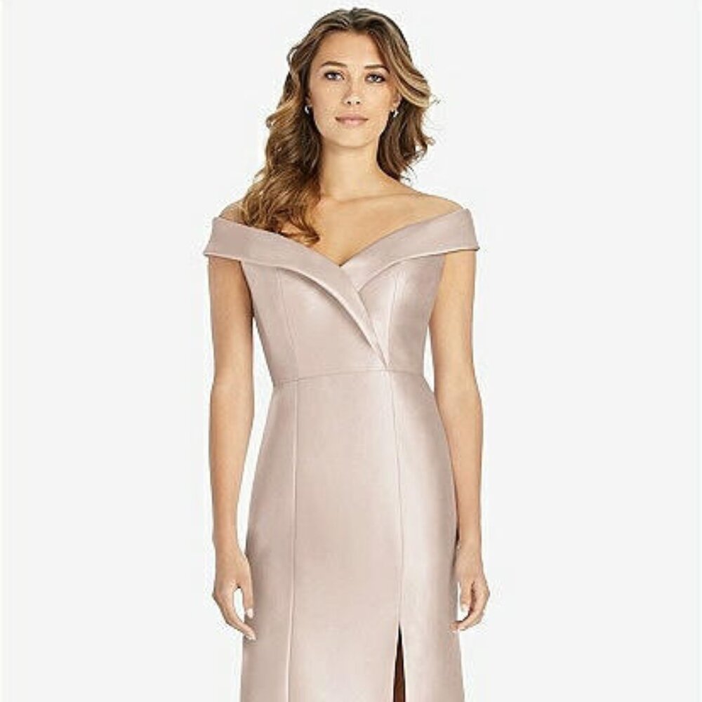 SAMPLE Dusty Rose Bridesmaid Dress Champagne LEG SLIT! Off-The-Shoulder Portrait